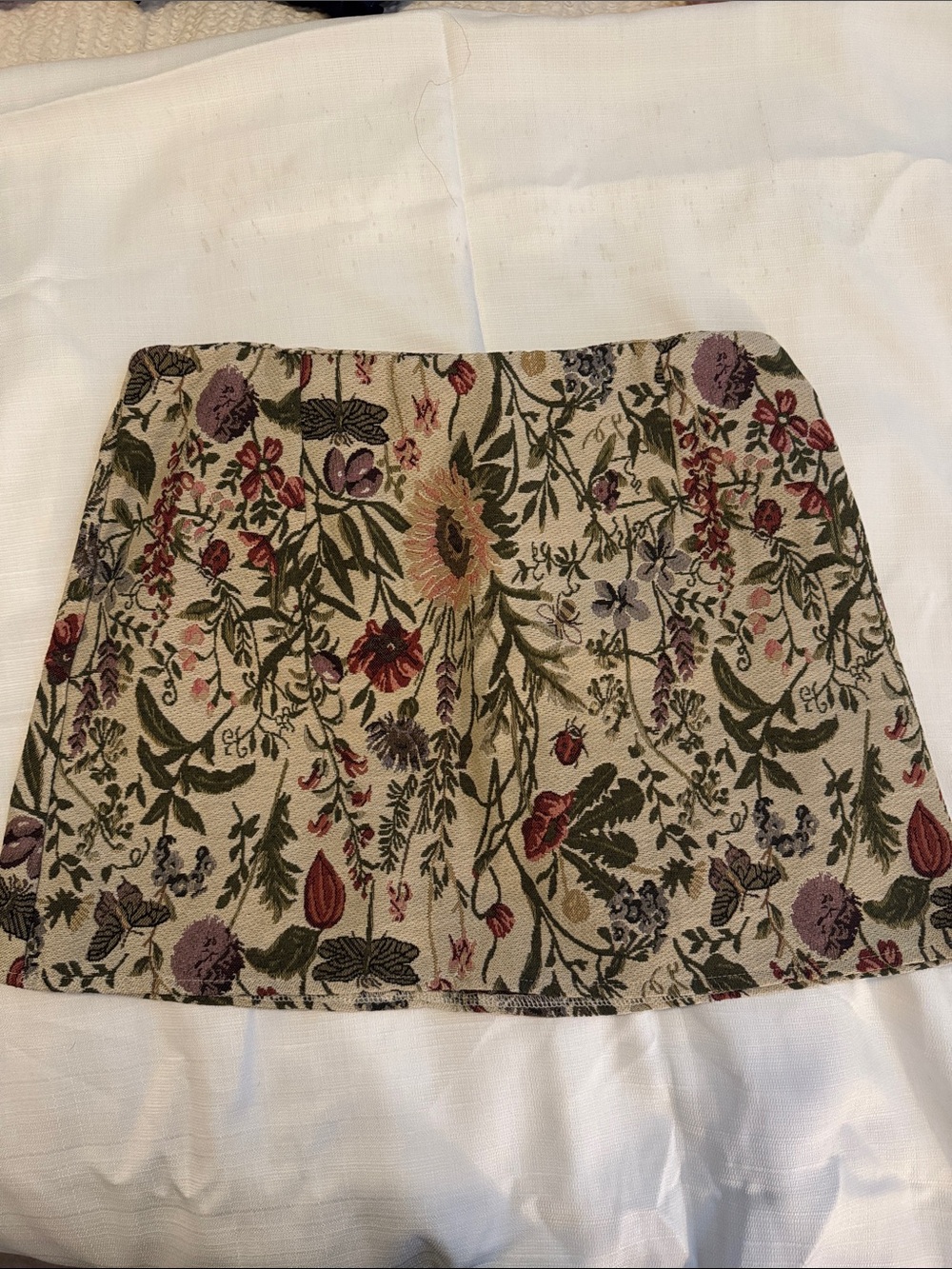 Floral Tapestry Mini Skirt - Beige with Multi-Color Floral Print